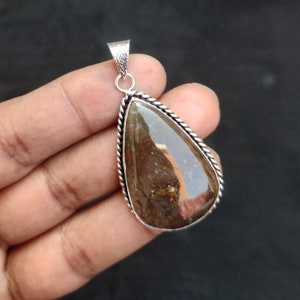 Handmade Moss Agate Pendant: 925 Sterling Silver Plated Necklace