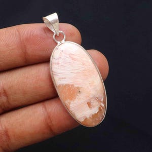 Natural Pink Scolecite Gemstone Pendant - Silver Plated Oval Necklace