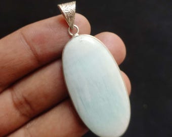 Blue Aragonite Gemstone Pendant: Silver Plated Necklace, Handmade Jewelry