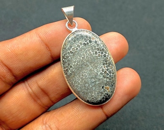 Colgante de coral fósil: bisel plateado, cristal natural