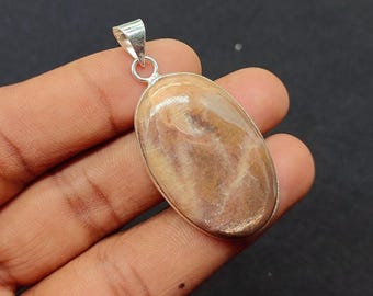 Peach Moonstone Cabochon Pendant: Sterling Silver Plated Bezel, Natural Gemstone