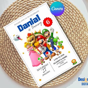 Convite para festa de aniversário do Mario editável, convite para festa de aniversário do Super Bros, modelo de convite para festa do Super Mario Bros, tema infantil, aniversário