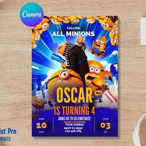 Bearbeitbare Minion-Kindergeburtstagseinladungsvorlage, druckbare Einladungen zur Geburtstagsfeier, digitale Kinderparty-Einladungsvorlage, Evite-Bday-Karte