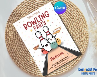 May include: A colorful invitation for a bowling party with a cartoon illustration of two bowling pins with smiling faces. The text on the invitation reads "Join us for a Bowling Party" and "Madisson is turning 101".