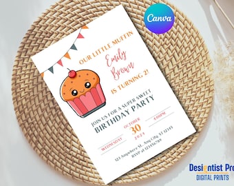 Muffin Girl Birthday Invitation: First Birthday, Canva Template (Instant Download)
