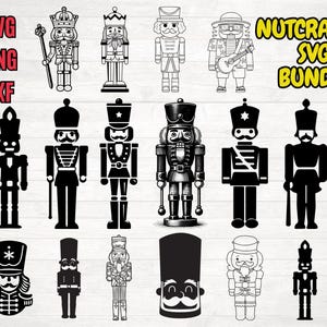 May include: A set of 16 black and white nutcracker SVG files. The nutcrackers are in various poses and styles, including traditional, whimsical, and modern. The files are perfect for creating crafts, decorations, and more.
