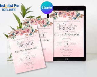 May include: Pink bridal shower brunch invitations with floral accents and the text "Bridal Shower Brunch of Emma Anderson." The invitations are displayed on a tablet and printed cards, with the date June 11, 2025.