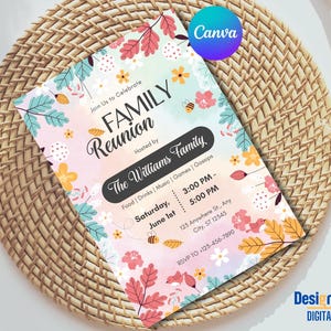 Könnte beinhalten: Eine farbenfrohe Einladung mit floralen Designs für ein Familientreffen. Die Einladung enthält den Text "Join Us to Celebrate Family Reunion" und "Hosted by The Williams Family". Die Veranstaltung findet am Samstag, den 1. Juni von 15:00 bis 17:00 Uhr statt. Die Einladung enthält auch die Adresse und RSVP-Informationen.