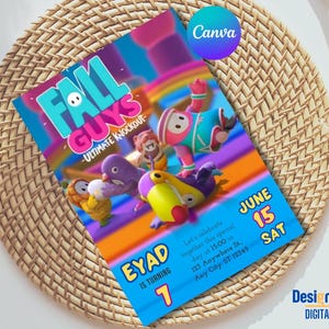 May include: A blue and pink birthday invitation for a child's 7th birthday party. The invitation features a cartoon image of characters from the video game Fall Guys. The text on the invitation reads "Fall Guys - Ultimate Knockout" and "Eyad is turning 7". The invitation also includes the date and time of the party, as well as the address.