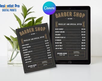 May include: A black and tan barber shop price list and special offer displayed on a tablet and a printed card. The price list includes services like haircuts, beard trims, and eyebrow shaping. The opening hours are listed as 9:00-7:00.