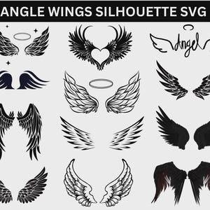 May include: A set of 10 black and white angel wing silhouettes in various styles and angles. The wings are outlined in black and have a simple, elegant design. The word "Angel" is written in cursive on one of the wings.
