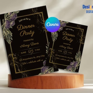 Faire-part numérique pour dîner d'anniversaire, invitation glamour, soirée animée pour dames élégantes avec diamants argentés noirs, modèle de carte électronique modifiable