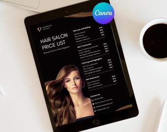 May include: A black tablet shows a hair salon price list with a woman's image. The list includes haircuts, hair treatments, coloring, highlights, and hair extensions. A cup of coffee and a pen are on the white surface.