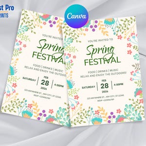 May include: Two invitations for a Spring Festival, featuring floral borders in pastel colors. The text includes the event name, date, time, and location. The design incorporates the "Canva" logo and "Designist Pro DIGITAL PRINTS" text.