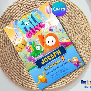 Op de afbeelding: Een kleurrijke uitnodiging voor een Fall Guys-themaverjaardagsfeest. De uitnodiging bevat een cartoonfiguur uit het spel, een blauwe achtergrond en de tekst "Joseph wordt 7".