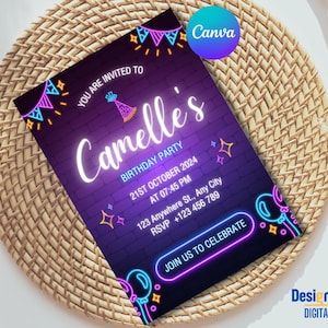 Digitale neonlicht verjaardagsfeestje uitnodiging e-card uitnodigen bewerkbare afdrukbare sjabloon canva evite flyer kaart poster evenement nacht