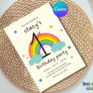 Magical Rainbow Birthday Invitation, first birthday party Invite, editable template flyer Baby girl Bithday party Invite evite