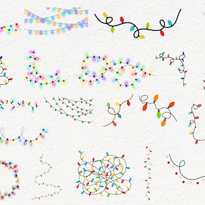 Pode incluir: Uma coleção de luzes de corda coloridas em vários arranjos. Os designs incluem linhas retas, linhas curvas, formas de árvore e padrões circulares. As luzes são em tons de vermelho, verde, azul, amarelo e roxo, perfeitas para decorações festivas.