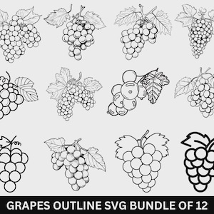 May include: A set of 12 black and white outline illustrations of grapes. The grapes are drawn in a simple, stylized way, with each grape represented by a circle. The illustrations are perfect for use in a variety of projects, such as scrapbooking, card making, and digital design.
