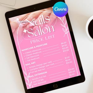 Ulotka z ofertami na sztukę paznokci w wersji cyfrowej, szablon cennika sztuki paznokci, specjalne oferty na zestawy sklepowe, arkusz cenowy do wydrukowania, edytowalna karta Canva z listą stawek,