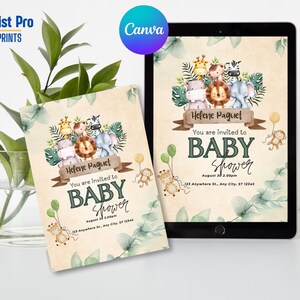 Modello di invito digitale per baby shower a tema safari. Invito per festa Oh Baby Jungle. Invito per festa con animali safari di genere neutro. Download immediato.