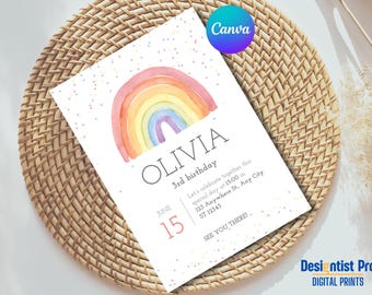 Magical Rainbow Birthday Invitation, Pastel color rainbow kids birthday party Invite, editable template flyer Baby girl Bithday party Invite