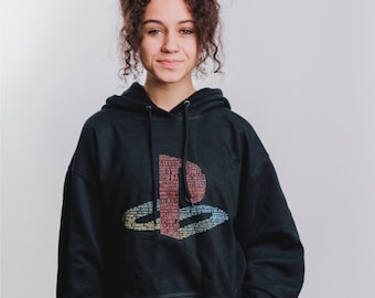 PS Word Collage Hoodie: Unisex Organic Cotton Gamer Pullover