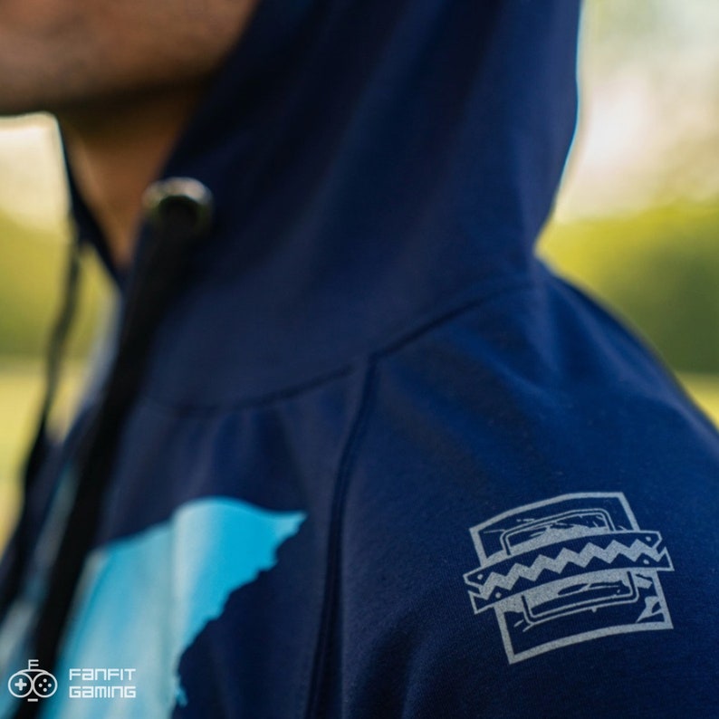 May include: A navy blue hoodie with a light blue graphic on the front and a gray emblem on the right sleeve. The emblem features a stylized image of a video game controller and the text "FanFit Gaming".