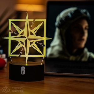 May include: A yellow and black LED light with a compass design and the number "6" on the base. The light is on a wooden surface and a laptop is in the background.