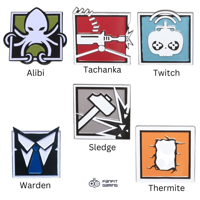 May include: A set of 10 enamel pins featuring characters from the video game Rainbow Six Siege. The pins are square shaped with a white border and feature a character's icon and name. The characters include: Alibi, Tachanka, Twitch, Sledge, Warden, Thermite.