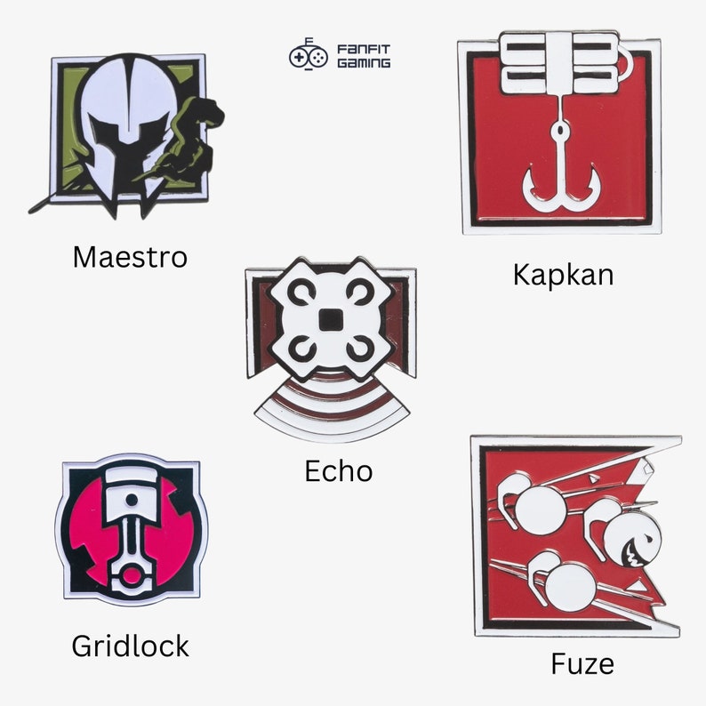 May include: Set of 6 Rainbow Six Siege operator enamel pins. The pins feature the operators Maestro, Kapkan, Echo, Gridlock, Fuze, and a FanFit Gaming logo.