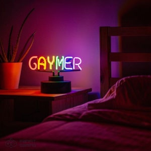 Gaymer Neon Light - Hand Bent Glass Pride Neon Light - Real Neon Desk Lamp - LGBTQ Decor Gift for TGay Gamers or Gaymers - LGBT Neon Light