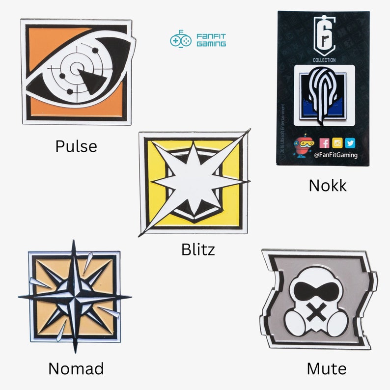 May include: Set of 5 Rainbow Six Siege operator pins featuring Pulse, Blitz, Nomad, Mute, and Nock. Each pin is a square with a different operator's symbol in the centre. The pins are on a white background.