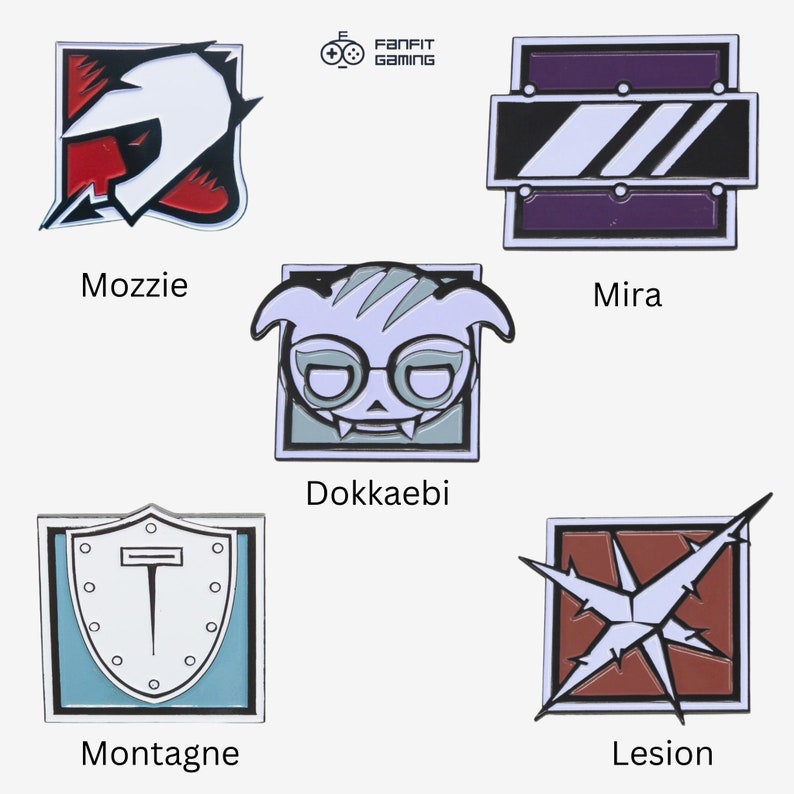 May include: Set of six enamel pins featuring characters from the video game Rainbow Six Siege. The pins are square shaped and feature the characters Mozzie, Mira, Dokkaebi, Montagne, Lesion, and a FanFit Gaming logo.