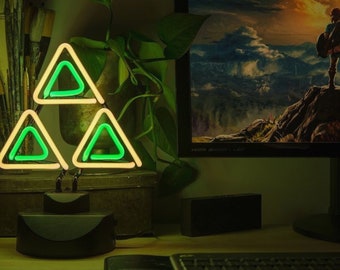 Tri-Force Neon Desk Lamp – Hand Bent Glass, Gamer Decor