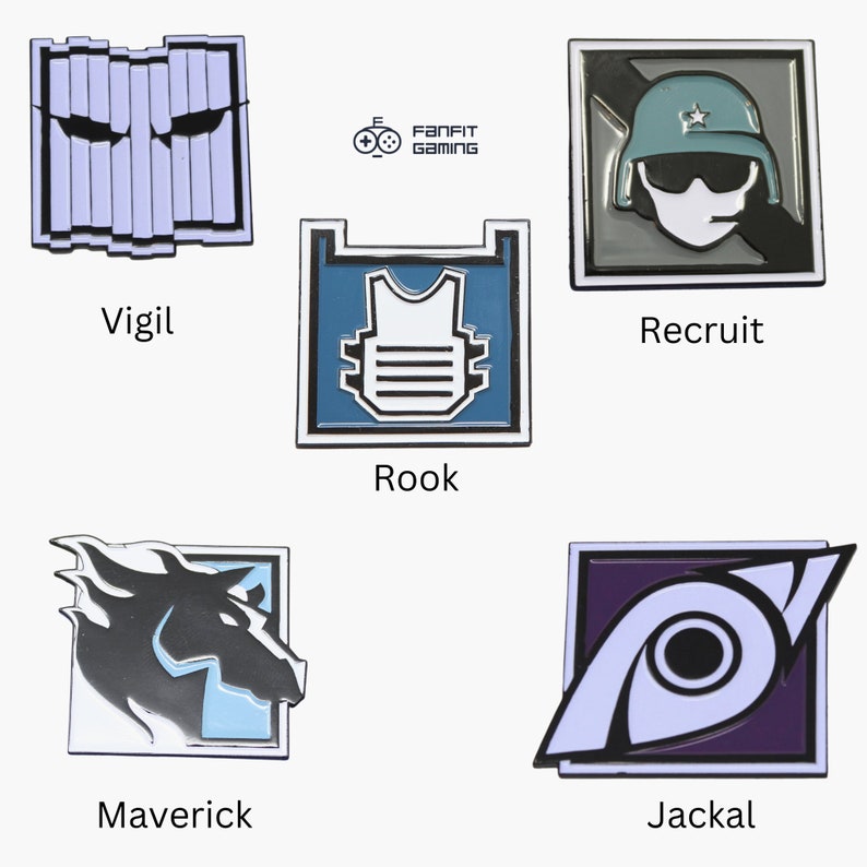 May include: Six enamel pins featuring different characters from the video game Rainbow Six Siege. The pins are square and have a white background with a black outline. The characters are Vigil, Rook, Recruit, Maverick, and Jackal. The pins are all in the same style and are perfect for fans of the game.