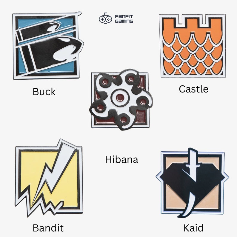May include: Set of 10 Rainbow Six Siege Operator enamel pins. Each pin features a different operator's symbol, including Buck, Castle, Hibana, Bandit, and Kaid.