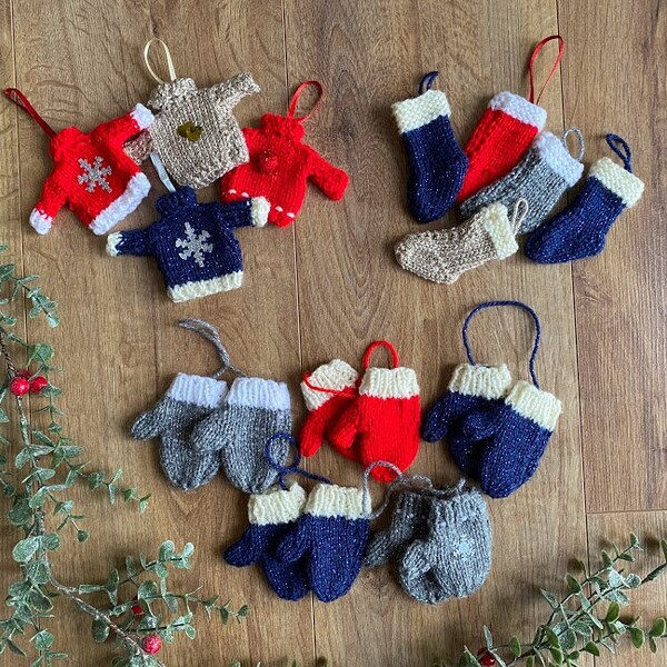 Handmade Christmas Tree Decorations | Miniature Jumpers, Stockings and Mittens | Hand Knitted