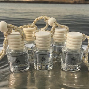 May include: Six small glass bottles with wooden tops and gold string hangers. The bottles are filled with a clear liquid and have labels that say "Sparked Creations Blue Agave & Cacao".