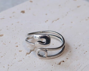 Sterling Silber Sicherheitsnadel Ring - Verstellbare Wrap, Einzigartige Textur