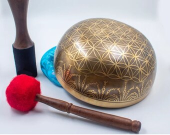Deep Sound Bowl High Vibration Bronze Singing Bowl Inside Out Flower of life Pattern in Multiple Size Bowls with Required Accessories
