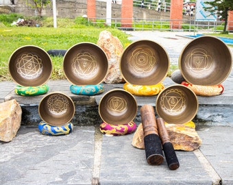 Chakra Printed Singing Bowl Set of 7 Meditation Bowls for Sound Healing Gift Tibetan Singing Bowls Handcarved in Nepal