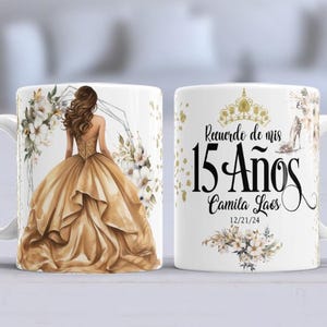 Digitaal ontwerp voor Quince Años mok - Instant sublimatie sjabloon - Aanpasbare gegevens JPG-PNG gouden kleur