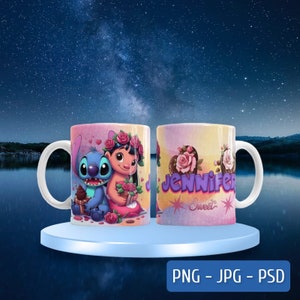 May include: Two white ceramic mugs with handles. The mug on the left features a pink background with a cartoon image of Stitch and Lilo from Disney's Lilo & Stitch. The mug on the right has a yellow background with the name "Jennifer" in purple letters and the word "Sweet" in smaller purple letters.