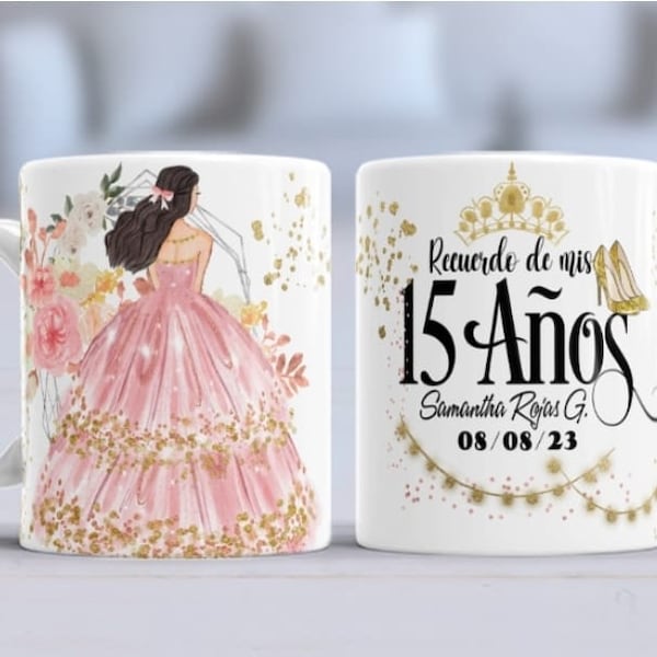 PNG Plantilla Editable de Quinceañera Vestido color  ROSA -  para tazas 11 onz