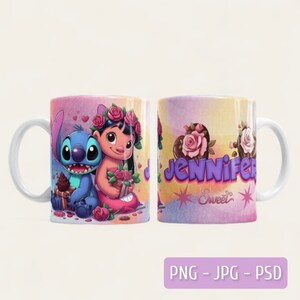 May include: A white ceramic mug with a pink and yellow background. The mug features a cartoon image of Stitch and Lilo from the Disney movie Lilo & Stitch. Lilo is wearing a flower crown and holding a bouquet of roses. The mug also has the name "Jennifer" written in purple letters with the word "Sweet" written underneath.