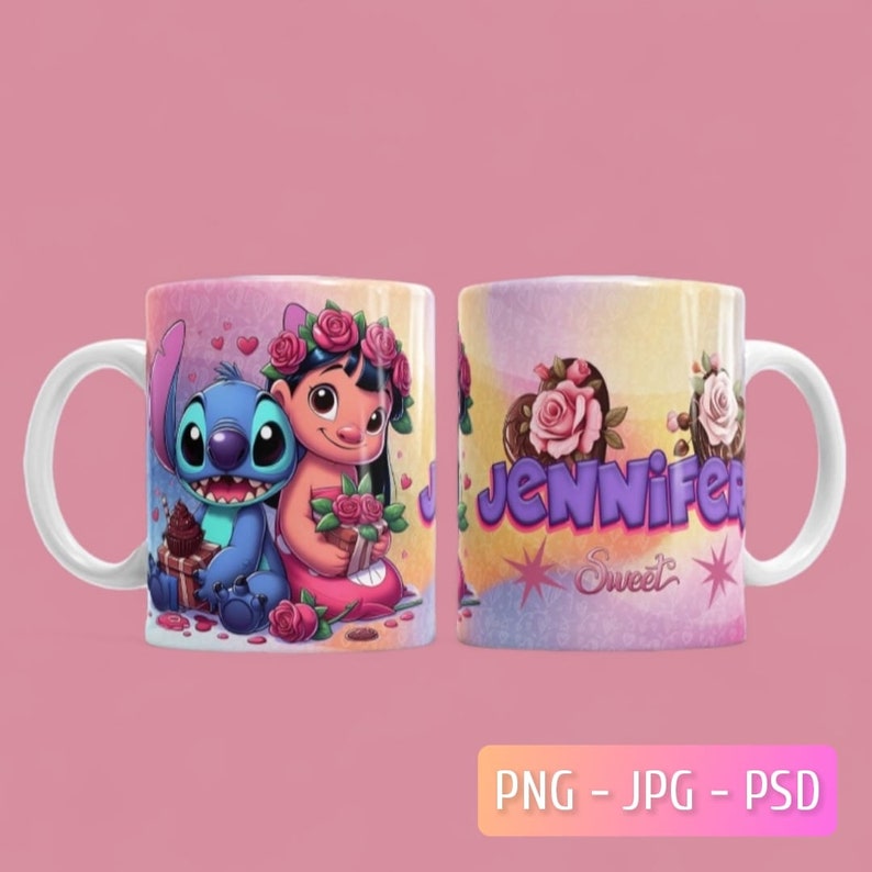 May include: A white ceramic mug with a pink and purple design featuring Stitch and Lilo from Disney's Lilo & Stitch. The mug has a pink background with hearts and roses. The text "Jennifer Sweet" is on the other side of the mug.