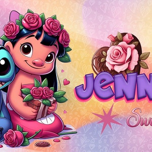 May include: A Valentine's Day themed illustration featuring Stitch and Lilo from Disney's Lilo & Stitch. Stitch is holding a gift box with a chocolate cupcake on top. Lilo is holding a gift box with a bouquet of roses. The background is pink and features hearts and roses. The text "Jennifer Sweet" is written in purple letters.