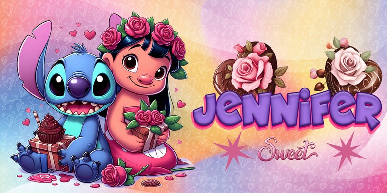 May include: A Valentine's Day themed illustration featuring Stitch and Lilo from Disney's Lilo & Stitch. Stitch is holding a gift box with a chocolate cupcake on top. Lilo is holding a gift box with a bouquet of roses. The background is pink and features hearts and roses. The text "Jennifer Sweet" is written in purple letters.