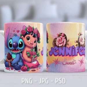 May include: A white ceramic mug with a pink, yellow, and blue design. The mug features a cartoon image of Stitch and Lilo from the Disney movie Lilo & Stitch. The text "Jennifer Sweet" is printed on the mug.